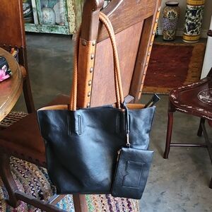 Gorgeous Black faux leather Tote Bag set of 3 bags in one. Rust tan interior